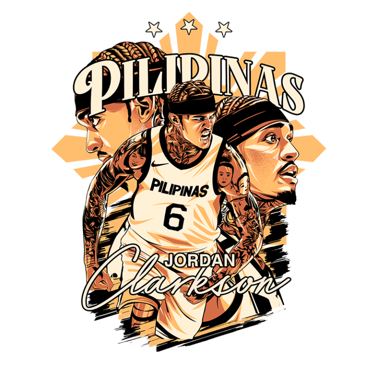 Arte estilizada de Jordan Clarkson em uniforme da seleção das Filipinas, destacando o número 6, com elementos gráficos que incluem retratos e estrelas, representando seu papel no basquete.