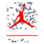 Logotipo da coleção oficial Air Flight Jordan, com silhueta vermelha de jogador de basquete em destaque sobre um fundo em padrões de camuflagem verde e cinza.
