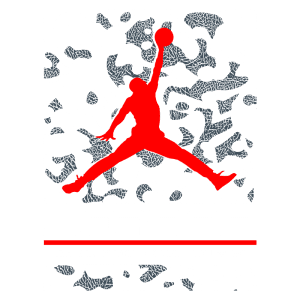 Logotipo da coleção oficial Air Flight Jordan, com silhueta vermelha de jogador de basquete em destaque sobre um fundo em padrões de camuflagem verde e cinza.