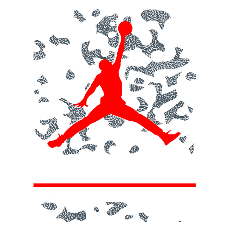 Logotipo da coleção oficial Air Flight Jordan, com silhueta vermelha de jogador de basquete em destaque sobre um fundo em padrões de camuflagem verde e cinza.