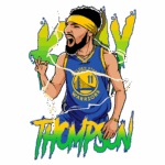 Ilustração de Klay Thompson, jogador do Golden State Warriors, vestido com o uniforme azul e amarelo da equipe. Ele faz um gesto de celebração, expressando emoção durante um jogo de basquete. O fundo apresenta um efeito de energia com cores vibrantes.