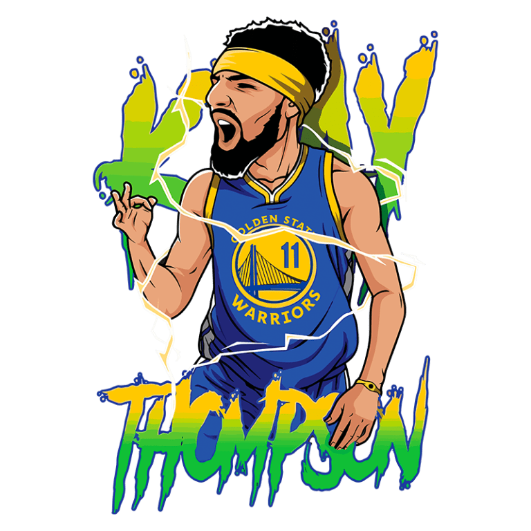 Ilustração de Klay Thompson, jogador do Golden State Warriors, vestido com o uniforme azul e amarelo da equipe. Ele faz um gesto de celebração, expressando emoção durante um jogo de basquete. O fundo apresenta um efeito de energia com cores vibrantes.