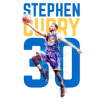 Imagem de Stephen Curry, jogador de basquete do Golden State Warriors, realizando um arremesso enquanto se destaca em um fundo colorido com seu nome e o número 30.