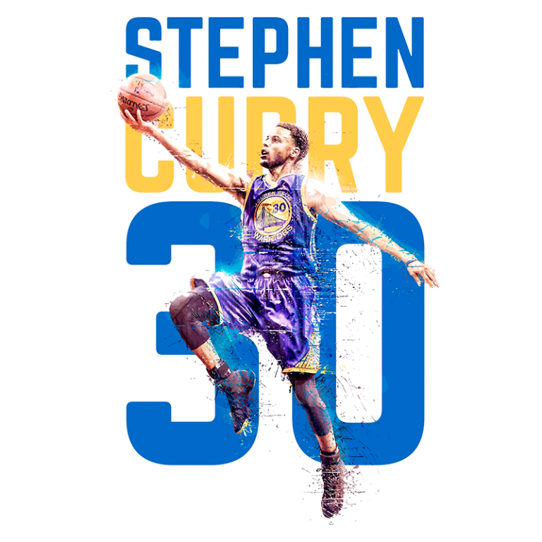 Imagem de Stephen Curry, jogador de basquete do Golden State Warriors, realizando um arremesso enquanto se destaca em um fundo colorido com seu nome e o número 30.
