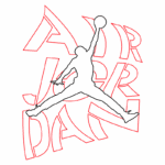 Logotipo icônico do Air Jordan, apresentando a silhueta de um jogador de basquete realizando um salto, com as palavras "AIR JORDAN" estilizadas em vermelho ao fundo.