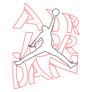 Logotipo icônico do Air Jordan, apresentando a silhueta de um jogador de basquete realizando um salto, com as palavras "AIR JORDAN" estilizadas em vermelho ao fundo.