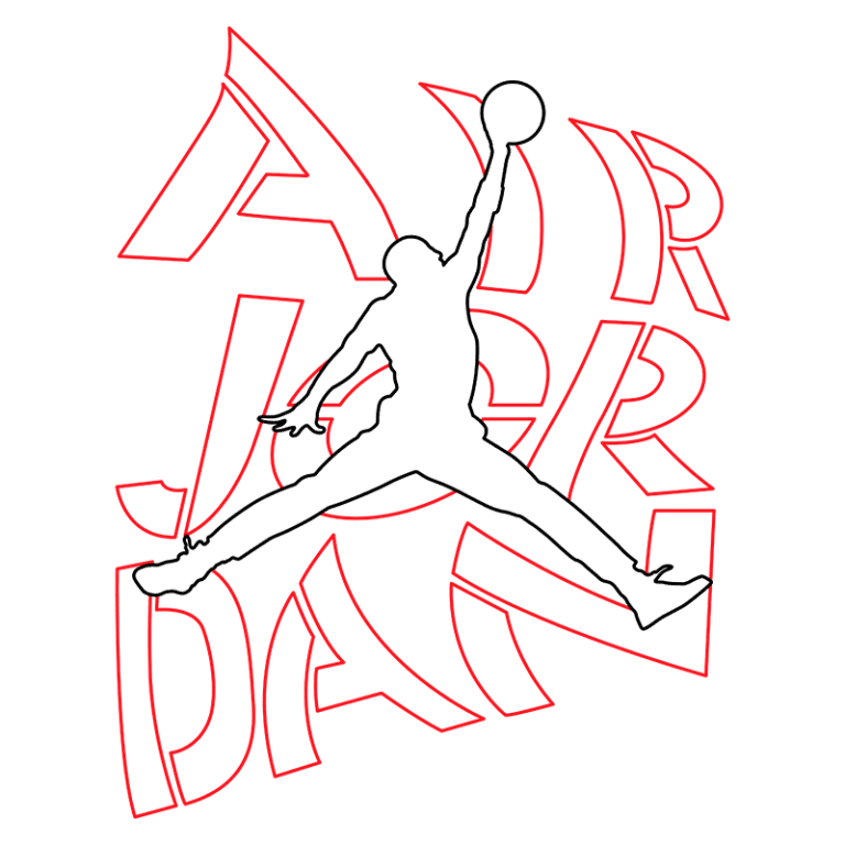 Logotipo icônico do Air Jordan, apresentando a silhueta de um jogador de basquete realizando um salto, com as palavras "AIR JORDAN" estilizadas em vermelho ao fundo.