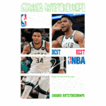 Imagem de Giannis Antetokounmpo, jogador da NBA, em ação durante os playoffs. Ele está com o uniforme dos Milwaukee Bucks, mostrando expressões de determinação e energia no jogo. O fundo contém informações sobre sua trajetória e conquistas no basquete, destacando seu desempenho excepcional e status como um dos melhores jogadores.