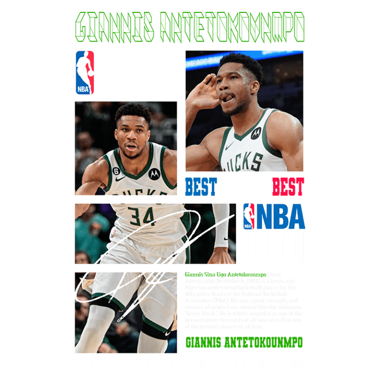Imagem de Giannis Antetokounmpo, jogador da NBA, em ação durante os playoffs. Ele está com o uniforme dos Milwaukee Bucks, mostrando expressões de determinação e energia no jogo. O fundo contém informações sobre sua trajetória e conquistas no basquete, destacando seu desempenho excepcional e status como um dos melhores jogadores.