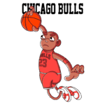 Ilustração de jogador de basquete do Chicago Bulls, vestindo uniforme vermelho com o número 23, arremessando uma bola de basquete, com o nome "Chicago Bulls" destacado acima.