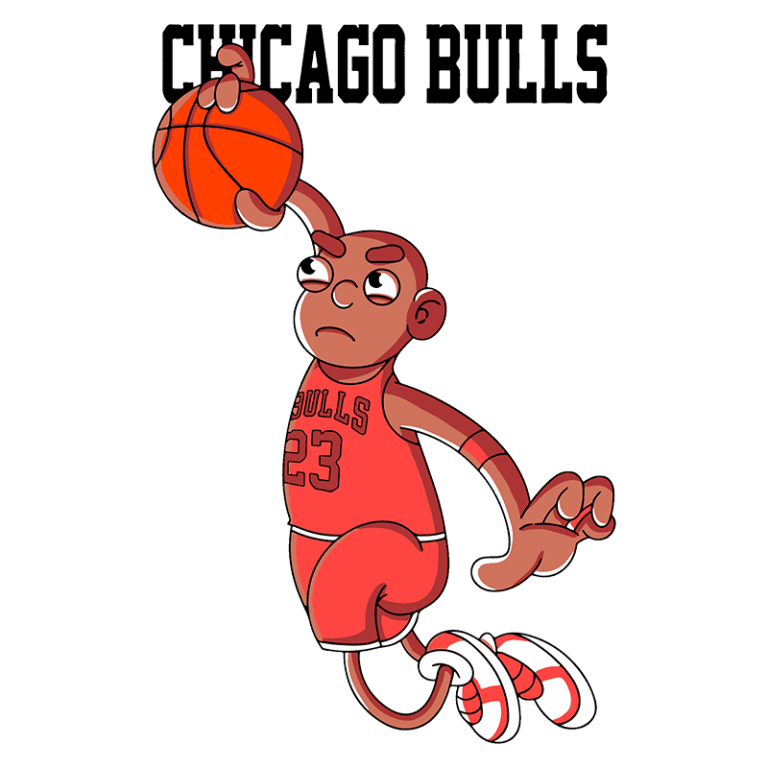 Ilustração de jogador de basquete do Chicago Bulls, vestindo uniforme vermelho com o número 23, arremessando uma bola de basquete, com o nome "Chicago Bulls" destacado acima.