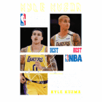 Imagem do jogador de basquete Kyle Kuzma, atleta da NBA, destacando sua carreira nos playoffs com o Los Angeles Lakers. A arte inclui fotos do jogador em ação, seu nome e informações sobre sua trajetória profissional. Ideal para fãs de basquete e colecionadores.