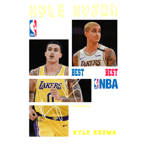 Imagem do jogador de basquete Kyle Kuzma, atleta da NBA, destacando sua carreira nos playoffs com o Los Angeles Lakers. A arte inclui fotos do jogador em ação, seu nome e informações sobre sua trajetória profissional. Ideal para fãs de basquete e colecionadores.