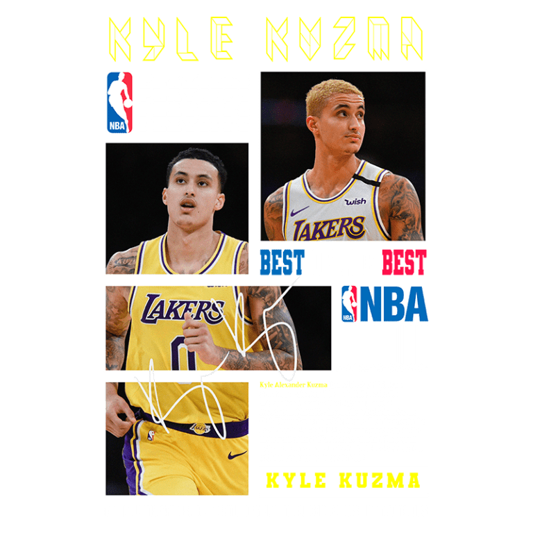 Imagem do jogador de basquete Kyle Kuzma, atleta da NBA, destacando sua carreira nos playoffs com o Los Angeles Lakers. A arte inclui fotos do jogador em ação, seu nome e informações sobre sua trajetória profissional. Ideal para fãs de basquete e colecionadores.