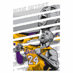Ilustração de Kobe Bryant, jogador de basquete, vestindo a camisa número 24 do Los Angeles Lakers. A imagem mostra Bryant em momento de celebração, expressando emoção e energia, com um fundo estilizado que destaca sua habilidade e legado no esporte.