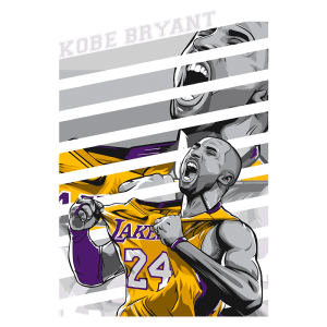 Ilustração de Kobe Bryant, jogador de basquete, vestindo a camisa número 24 do Los Angeles Lakers. A imagem mostra Bryant em momento de celebração, expressando emoção e energia, com um fundo estilizado que destaca sua habilidade e legado no esporte.