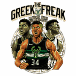 Imagem ilustrativa do jogador de basquete Giannis Antetokounmpo, conhecido como "The Greek Freak", destacando seu desempenho como parte do time Milwaukee Bucks, campeões da NBA em 2021. O design apresenta expressões intensas do atleta, além do logotipo dos Bucks e o título de campeão.