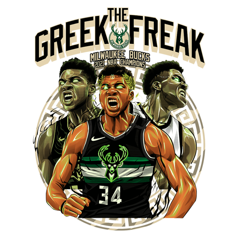 Imagem ilustrativa do jogador de basquete Giannis Antetokounmpo, conhecido como "The Greek Freak", destacando seu desempenho como parte do time Milwaukee Bucks, campeões da NBA em 2021. O design apresenta expressões intensas do atleta, além do logotipo dos Bucks e o título de campeão.