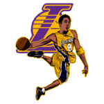 Jogador de basquete em movimento, vestido com o uniforme amarelo do Los Angeles Lakers, realizando uma jogada icônica, segurando uma bola de basquete. O background inclui o logotipo dos Lakers.