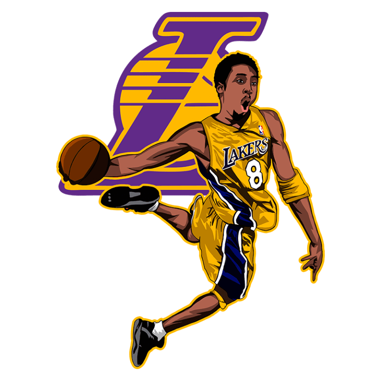 Jogador de basquete em movimento, vestido com o uniforme amarelo do Los Angeles Lakers, realizando uma jogada icônica, segurando uma bola de basquete. O background inclui o logotipo dos Lakers.