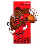 Ilustração do jogador de basquete Derrick Rose, que apresenta um design estilizado, vestido com a camiseta do Chicago Bulls. Ele está em uma pose dinâmica, segurando uma bola de basquete, com fundo vermelho e elementos gráficos relacionados ao esporte. Ideal para fãs de basquete e cultura urbana.