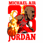 Ilustração de Michael Jordan em ação, vestindo o uniforme do Chicago Bulls, com a camisa número 23. O jogador dribla uma bola de basquete envolta em chamas, destacando sua habilidade e energia. O fundo é vermelho com o texto "MICHAEL AIR JORDAN" em destaque.