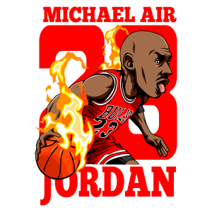 Ilustração de Michael Jordan em ação, vestindo o uniforme do Chicago Bulls, com a camisa número 23. O jogador dribla uma bola de basquete envolta em chamas, destacando sua habilidade e energia. O fundo é vermelho com o texto "MICHAEL AIR JORDAN" em destaque.
