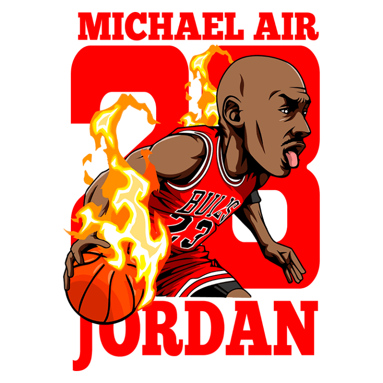 Ilustração de Michael Jordan em ação, vestindo o uniforme do Chicago Bulls, com a camisa número 23. O jogador dribla uma bola de basquete envolta em chamas, destacando sua habilidade e energia. O fundo é vermelho com o texto "MICHAEL AIR JORDAN" em destaque.