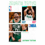 Imagem de Jayson Tatum, jogador de basquete do Boston Celtics, em destaque na NBA. A imagem inclui fotos de Tatum em ação, menções aos playoffs da NBA e informações sobre sua carreira, incluindo seleção para a equipe All-Rookie e conquistas. O texto enfatiza a importância do talento, trabalho em equipe e inteligência no basquete.
