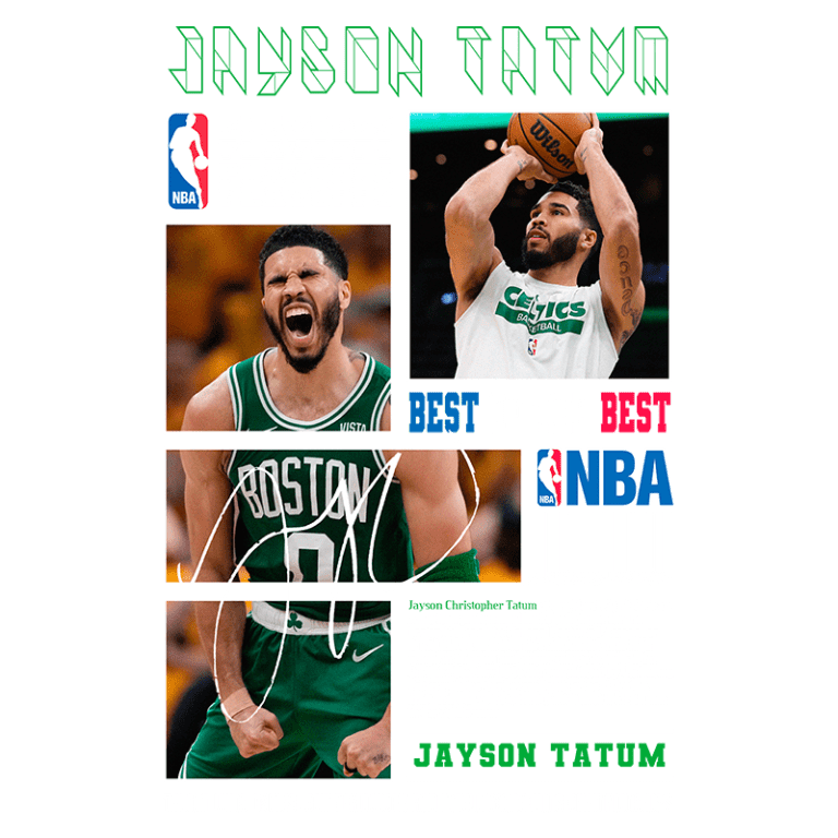 Imagem de Jayson Tatum, jogador de basquete do Boston Celtics, em destaque na NBA. A imagem inclui fotos de Tatum em ação, menções aos playoffs da NBA e informações sobre sua carreira, incluindo seleção para a equipe All-Rookie e conquistas. O texto enfatiza a importância do talento, trabalho em equipe e inteligência no basquete.