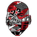 Ilustração digital de rosto estilizado com referências a Michael Jordan, incluindo elementos como o número 23, logotipo da Nike, e palavras-chave relacionadas a campeonatos, como "MVP Championship". As cores predominantes são vermelho, preto e branco, evidenciando o impacto cultural e esportivo da lenda do basquete.