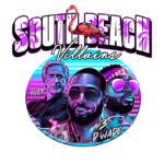 Ilustração vibrante do tema "South Beach Villains" com três personagens. À esquerda, figura de Riley, e ao centro, retrato estilizado de Dwyane Wade, usando óculos escuros e segurando um cigarro. No fundo, elementos tropicais como um flamingo e palmeiras, com cores neon que evocam a atmosfera da praia.