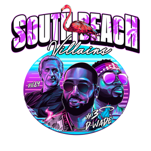 Ilustração vibrante do tema "South Beach Villains" com três personagens. À esquerda, figura de Riley, e ao centro, retrato estilizado de Dwyane Wade, usando óculos escuros e segurando um cigarro. No fundo, elementos tropicais como um flamingo e palmeiras, com cores neon que evocam a atmosfera da praia.