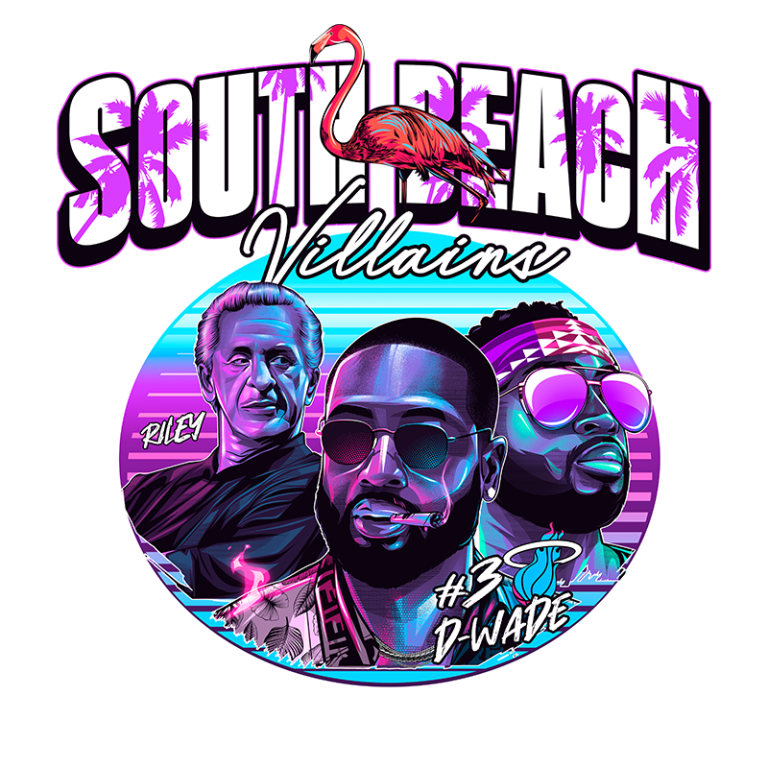 Ilustração vibrante do tema "South Beach Villains" com três personagens. À esquerda, figura de Riley, e ao centro, retrato estilizado de Dwyane Wade, usando óculos escuros e segurando um cigarro. No fundo, elementos tropicais como um flamingo e palmeiras, com cores neon que evocam a atmosfera da praia.