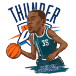 Ilustração de Kevin Durant, jogador de basquete, driblando com a bola, vestindo o uniforme do Oklahoma City Thunder, com o logo da equipe ao fundo.