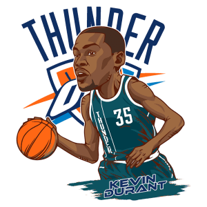 Ilustração de Kevin Durant, jogador de basquete, driblando com a bola, vestindo o uniforme do Oklahoma City Thunder, com o logo da equipe ao fundo.