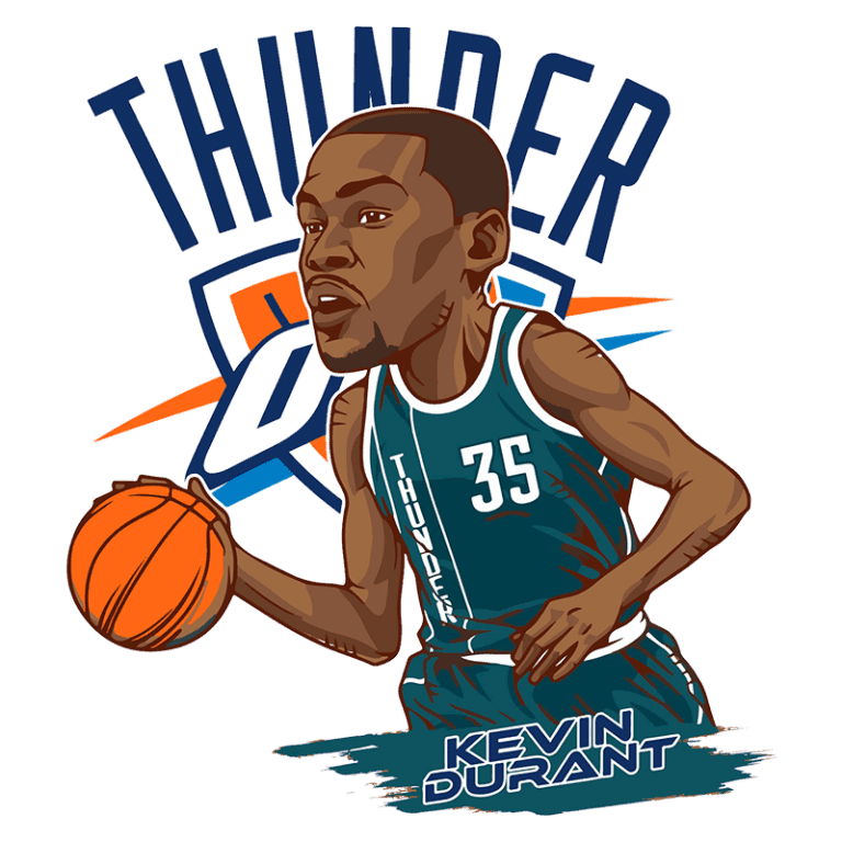 Ilustração de Kevin Durant, jogador de basquete, driblando com a bola, vestindo o uniforme do Oklahoma City Thunder, com o logo da equipe ao fundo.