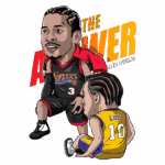 Ilustração de Allen Iverson em uniforme do Philadelphia 76ers, destacando seu famoso número 3, interagindo com um menino com camisa amarela e número 10. A arte captura a essência do basquete e homenageia o legado de Iverson como "The Answer".