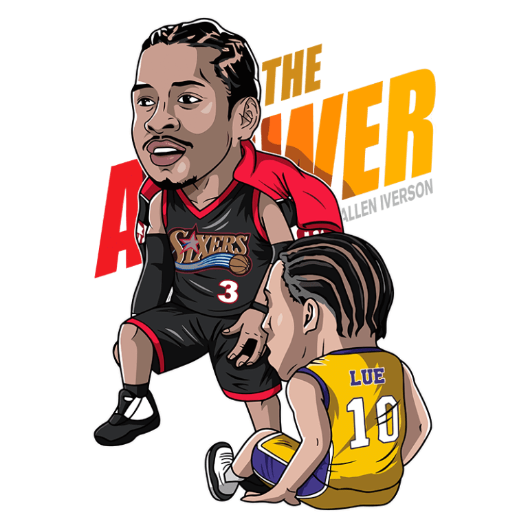 Ilustração de Allen Iverson em uniforme do Philadelphia 76ers, destacando seu famoso número 3, interagindo com um menino com camisa amarela e número 10. A arte captura a essência do basquete e homenageia o legado de Iverson como "The Answer".