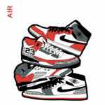 Imagem ilustrativa de tênis Air Jordan empilhados, destacando o modelo com tons vermelhos, brancos e pretos, com detalhes icônicos e o logotipo da marca. Ideal para fãs de sneakers e streetwear.