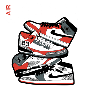 Imagem ilustrativa de tênis Air Jordan empilhados, destacando o modelo com tons vermelhos, brancos e pretos, com detalhes icônicos e o logotipo da marca. Ideal para fãs de sneakers e streetwear.