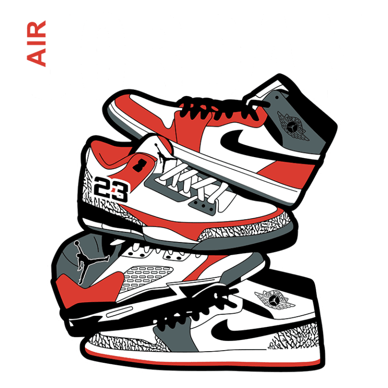 Imagem ilustrativa de tênis Air Jordan empilhados, destacando o modelo com tons vermelhos, brancos e pretos, com detalhes icônicos e o logotipo da marca. Ideal para fãs de sneakers e streetwear.