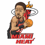 Ilustração de Alonzo Mourning jogando basquete com a bola, usando a camisa do Miami Heat. O logotipo da equipe está ao fundo, destacando o nome "Miami Heat" em letras grandes e marcantes.