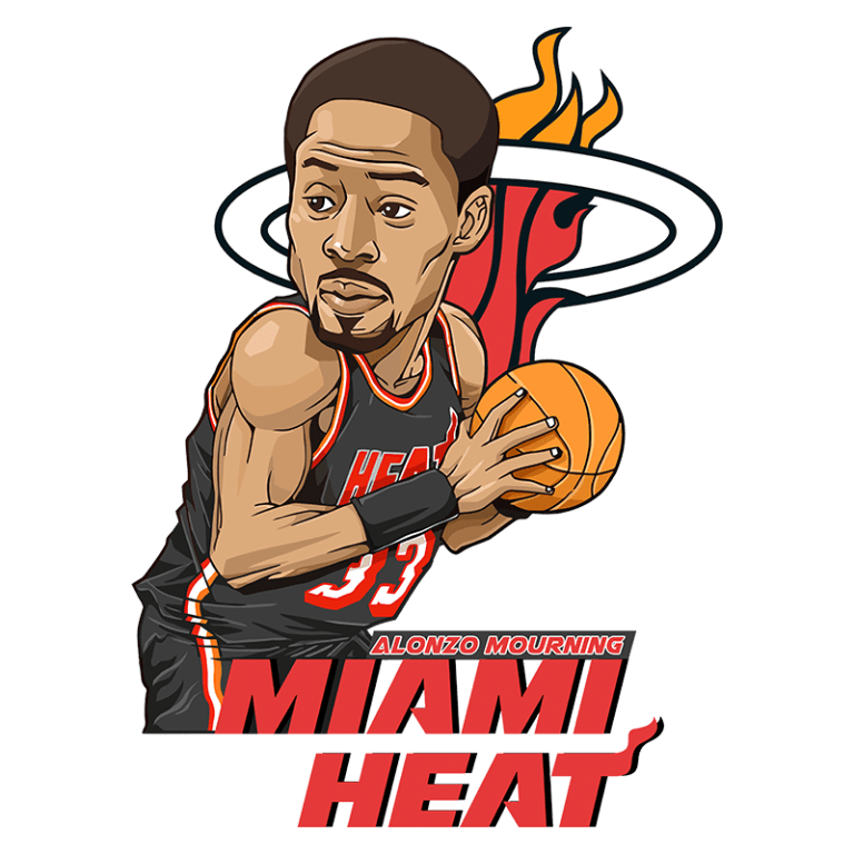 Ilustração de Alonzo Mourning jogando basquete com a bola, usando a camisa do Miami Heat. O logotipo da equipe está ao fundo, destacando o nome "Miami Heat" em letras grandes e marcantes.