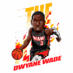 Ilustração de Dwyane Wade, jogador de basquete, em ação com a bola, vestido com uniforme do Miami Heat, destacando-se com as palavras "THE FLASH" de fundo.