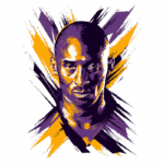 Ilustração estilizada de um jogador de basquete com expressão intensa, em tons de roxo e amarelo, simbolizando força e determinação no esporte.