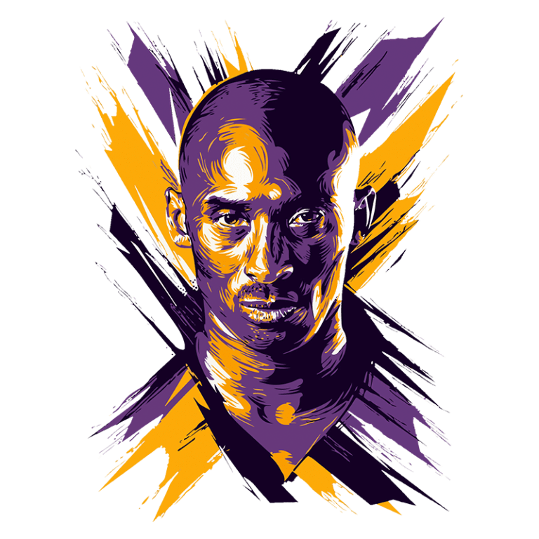 Ilustração estilizada de um jogador de basquete com expressão intensa, em tons de roxo e amarelo, simbolizando força e determinação no esporte.