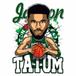 Ilustração de Jaylen Tatum, jogador de basquete do Boston Celtics, segurando uma bola de basquete em uma pose dinâmica, com elementos gráficos vibrantes em verde e branco ao fundo.