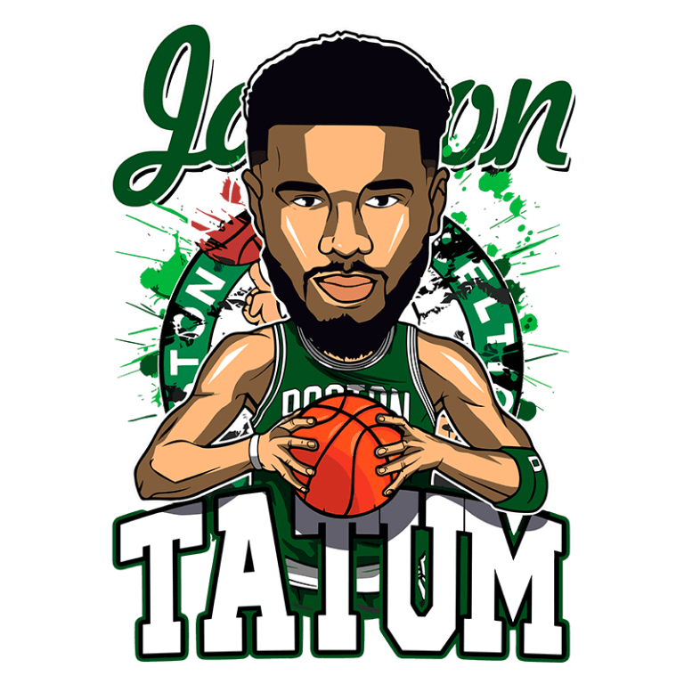 Ilustração de Jaylen Tatum, jogador de basquete do Boston Celtics, segurando uma bola de basquete em uma pose dinâmica, com elementos gráficos vibrantes em verde e branco ao fundo.