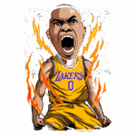 Ilustração de jogador de basquete em uniforme amarelo do Los Angeles Lakers, com expressão feroz e energia dinâmica, cercado por chamas e o texto "Beast Mode".